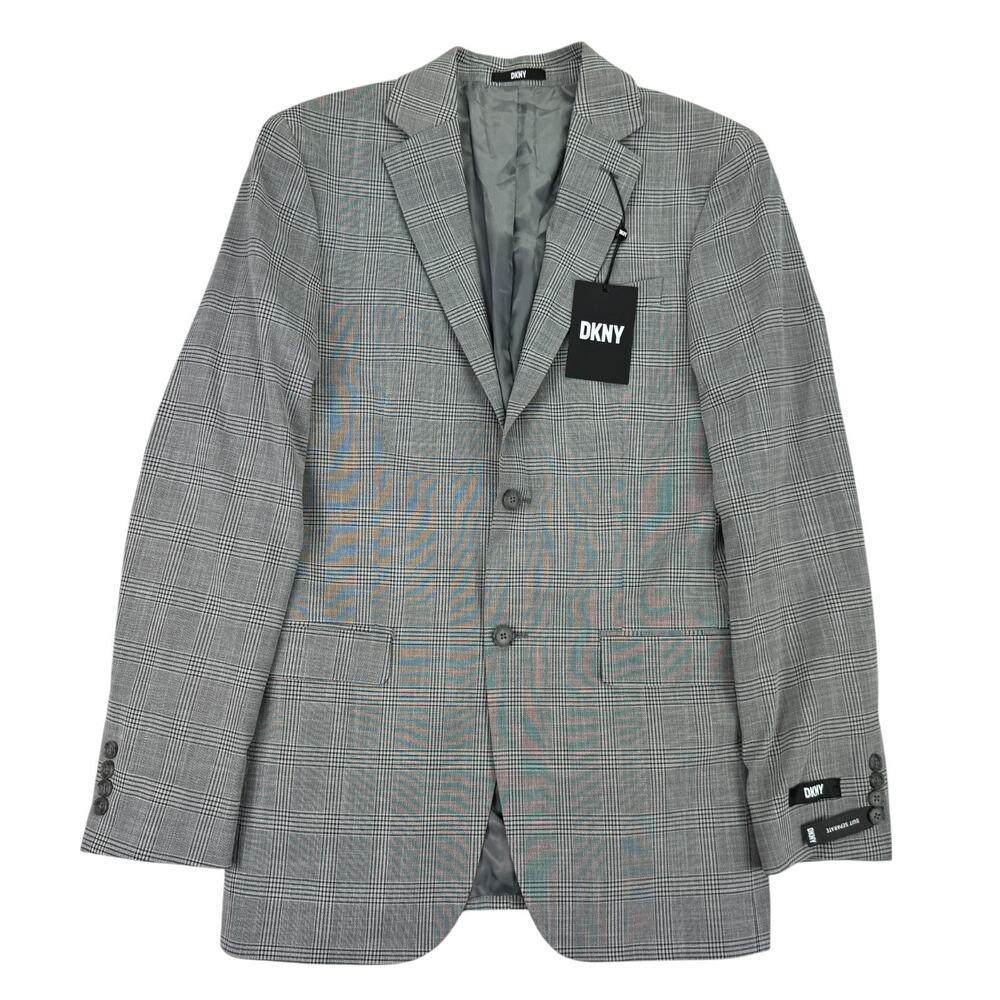 DKNY Mens Modern Fit Stretch Plaid Suit Jacket Black White 38L